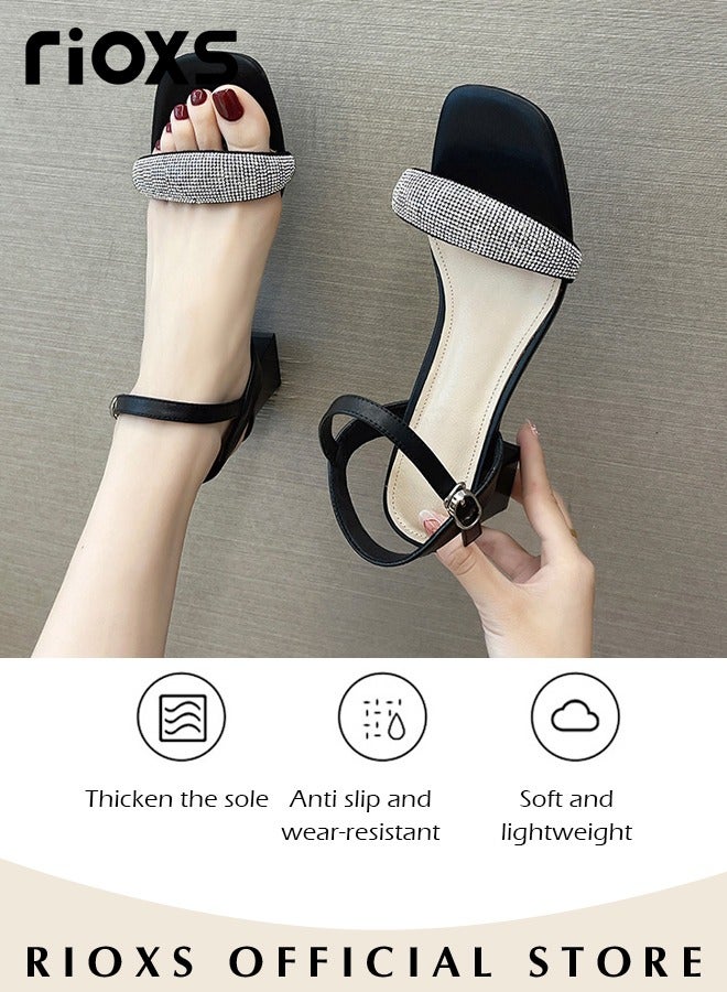 Women's High Heel Sandals Ankle Strap Square Open Toe Ankle Strap Chunky Heels Shoes