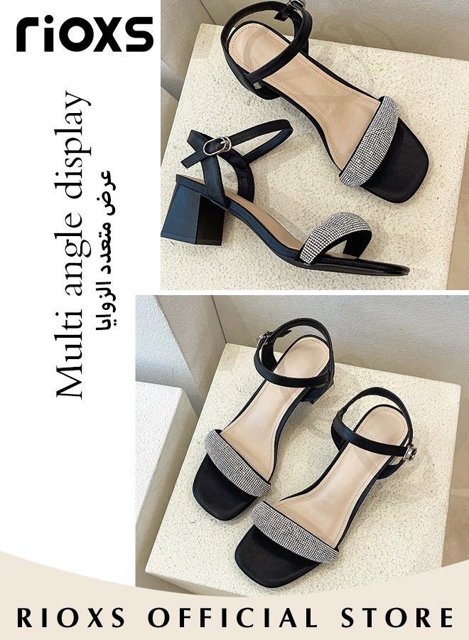 Women's High Heel Sandals Ankle Strap Square Open Toe Ankle Strap Chunky Heels Shoes