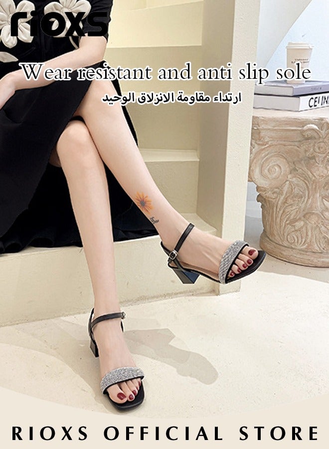 Women's High Heel Sandals Ankle Strap Square Open Toe Ankle Strap Chunky Heels Shoes