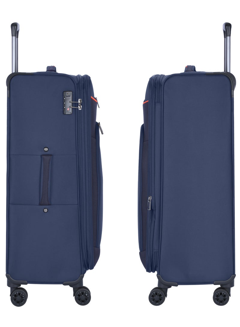 Unisex Soft Travel Bag Large Luggage Trolley Polyester Lightweight Expandable 4 Double Spinner Wheeled Suitcase with 3 Digit TSA lock E765SZ Blue