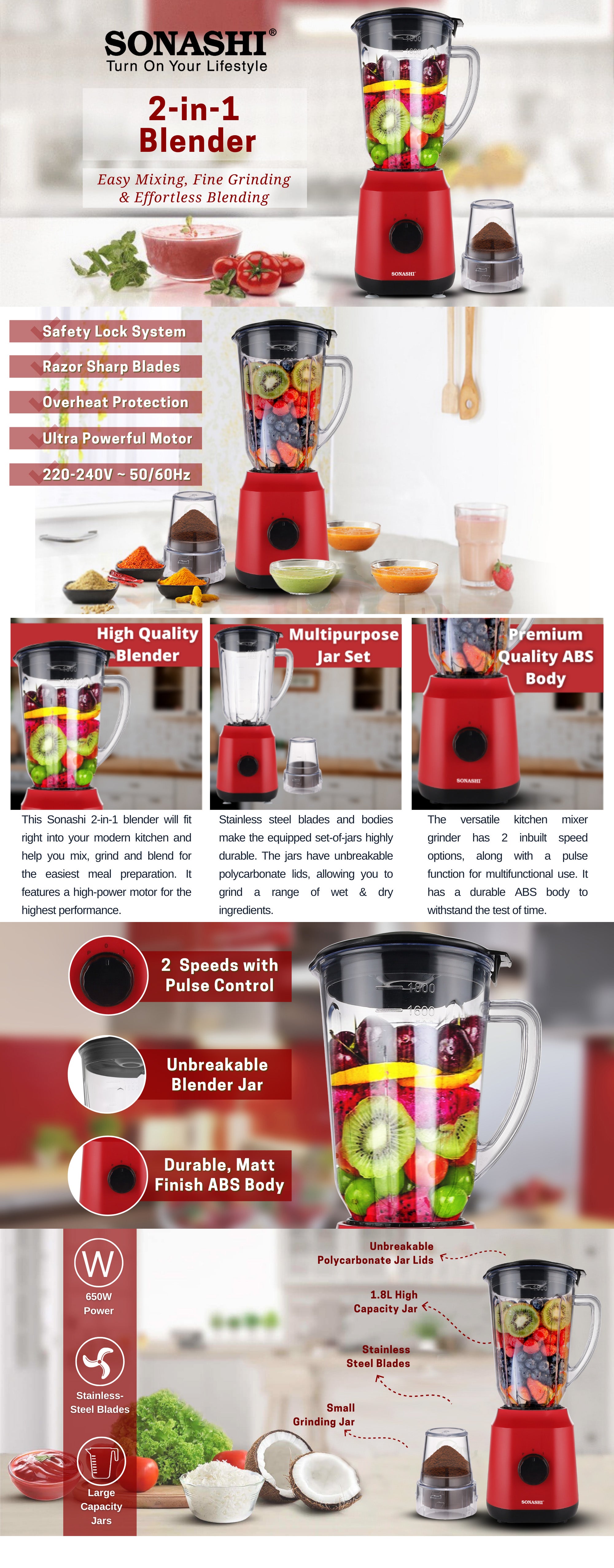 2 in 1 Powerful Blender - 1.8L Unbreakable Blender Jar and Grinding Cup | Featured with 2 Speed Switch with Pulse Control, Overheat Protection, and Safety Lock System 650 W SB-154 Red