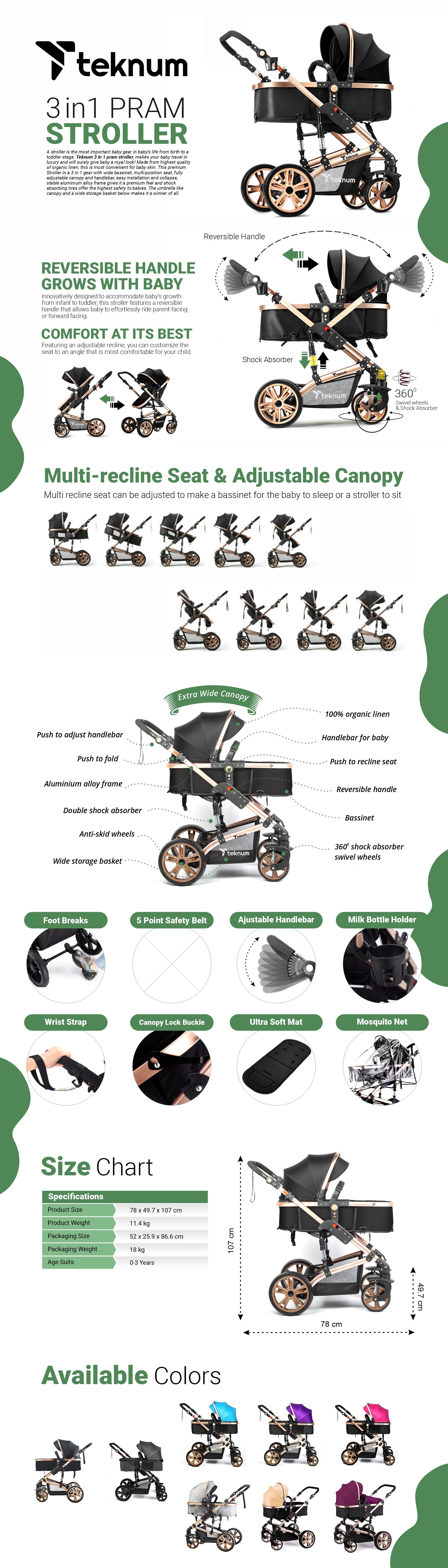 3 In 1 Pram Stroller Sleeping Bassinet Extra Wide Seat With Wide Canopy - Black
