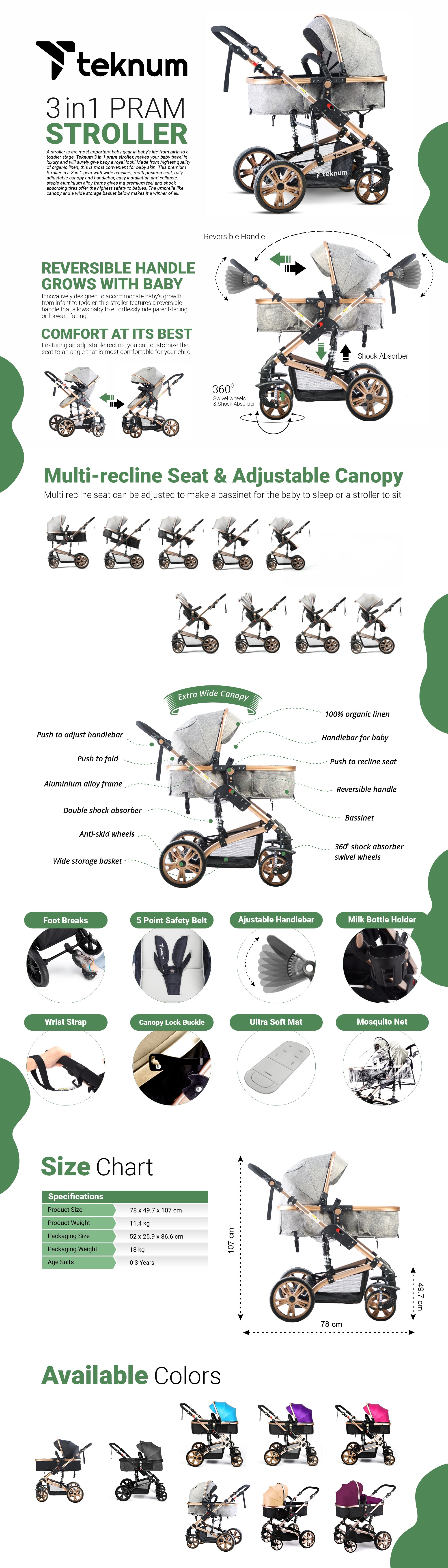 3 In 1 Pram Stroller Sleeping Bassinet Extra Wide Seat With Wide Canopy - Grey