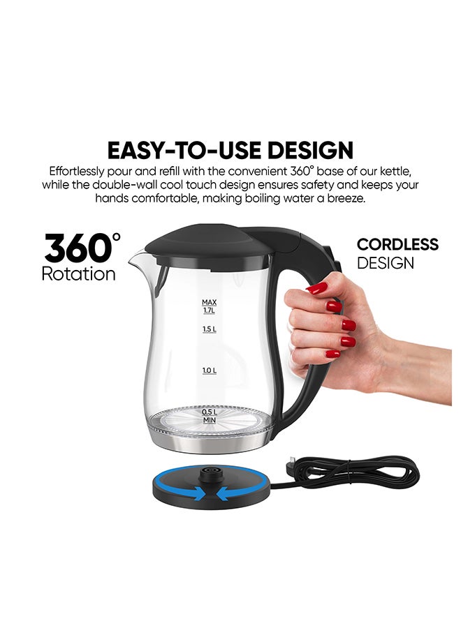 Electric Glass Kettle, Led Indicator, Auto Shut Off, Cord Storage, 360° Rotating Base, Sleek Design, Anti-Slip Feet, Detachable Filter, Quick Boiling, For Home And Office Use 1.7 L 2200 W NK323GX Black/Clear