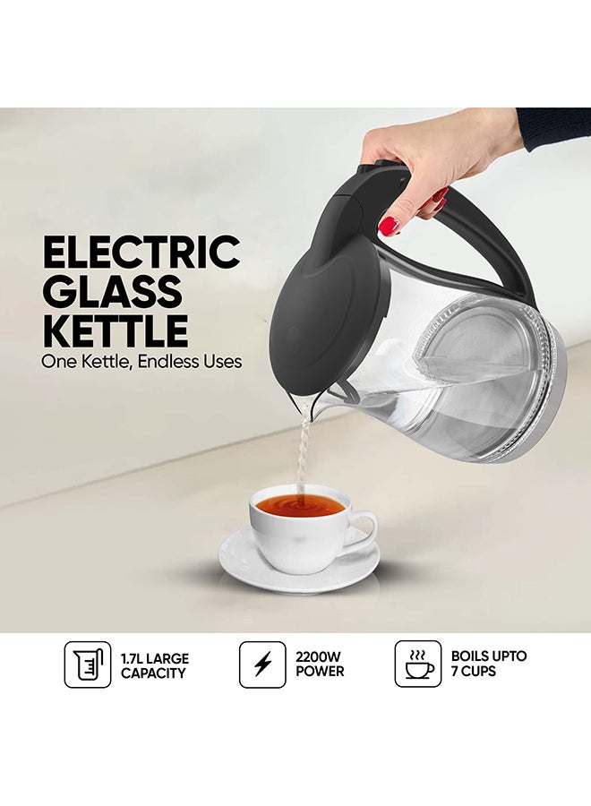 Electric Glass Kettle, Led Indicator, Auto Shut Off, Cord Storage, 360° Rotating Base, Sleek Design, Anti-Slip Feet, Detachable Filter, Quick Boiling, For Home And Office Use 1.7 L 2200 W NK323GX Black/Clear