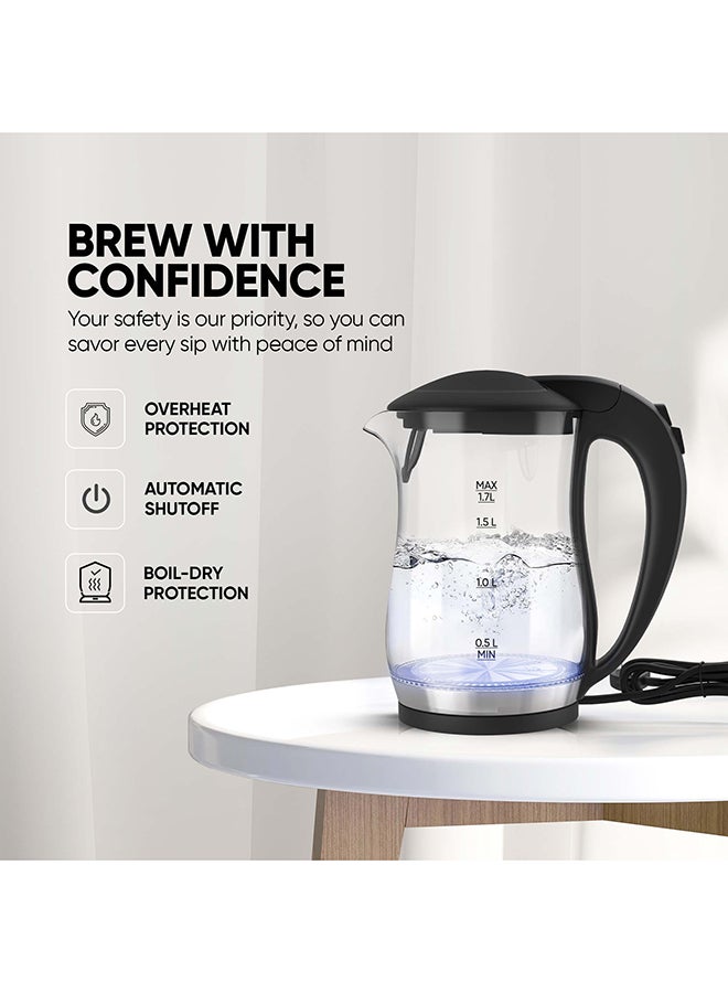 Electric Glass Kettle, Led Indicator, Auto Shut Off, Cord Storage, 360° Rotating Base, Sleek Design, Anti-Slip Feet, Detachable Filter, Quick Boiling, For Home And Office Use 1.7 L 2200 W NK323GX Black/Clear