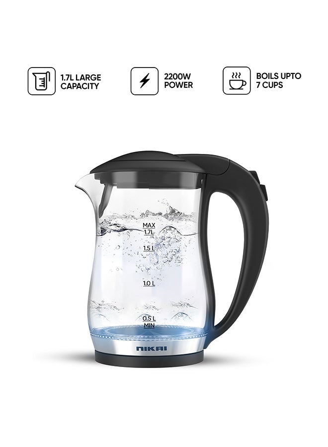 Electric Glass Kettle, Led Indicator, Auto Shut Off, Cord Storage, 360° Rotating Base, Sleek Design, Anti-Slip Feet, Detachable Filter, Quick Boiling, For Home And Office Use 1.7 L 2200 W NK323GX Black/Clear