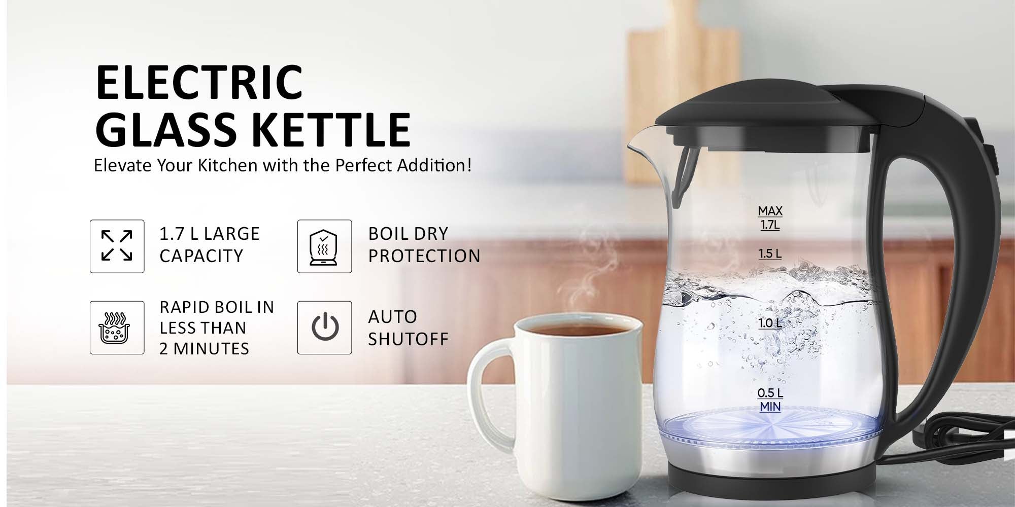 Electric Glass Kettle, Led Indicator, Auto Shut Off, Cord Storage, 360° Rotating Base, Sleek Design, Anti-Slip Feet, Detachable Filter, Quick Boiling, For Home And Office Use 1.7 L 2200 W NK323GX Black/Clear