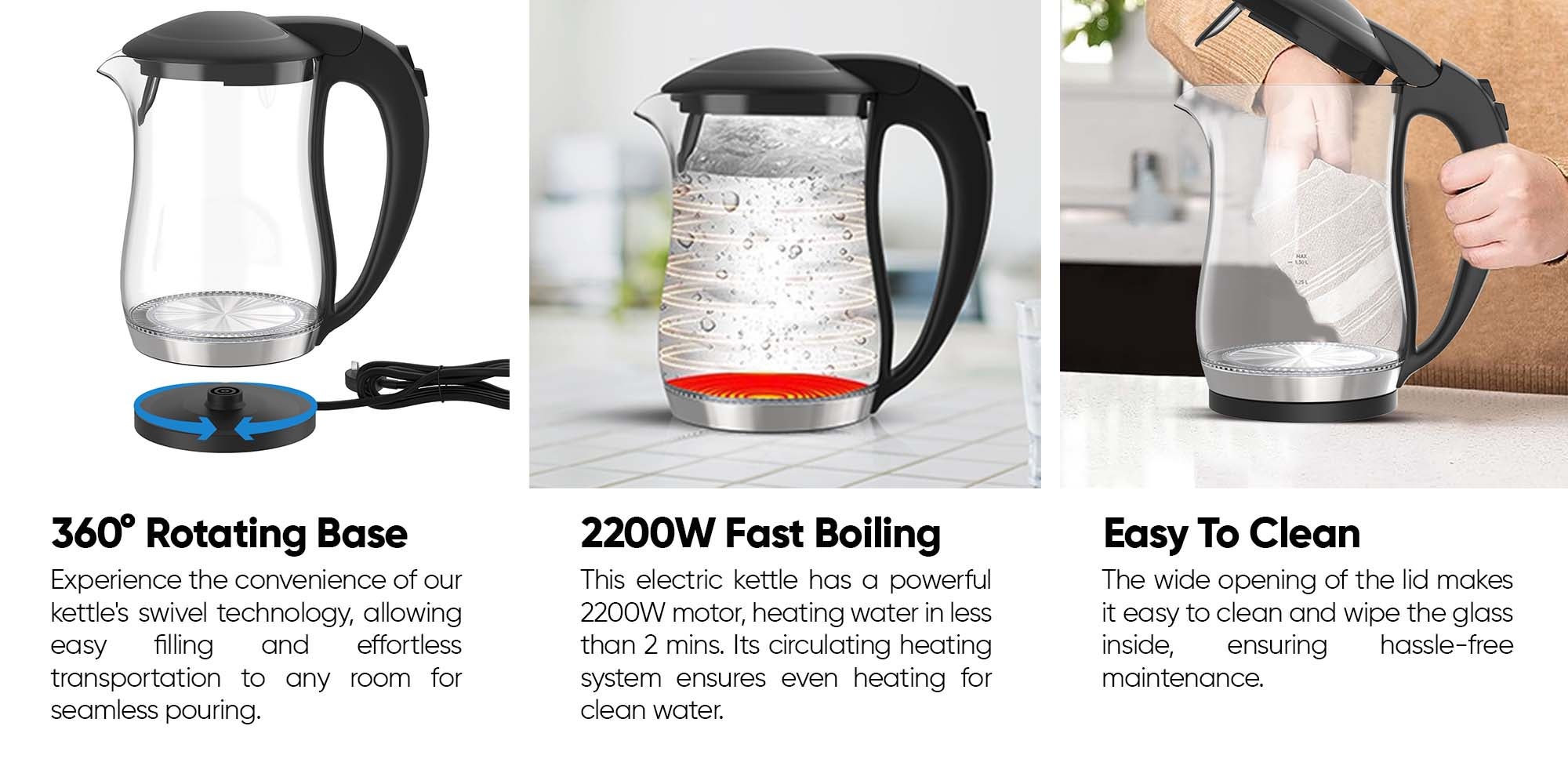 Electric Glass Kettle, Led Indicator, Auto Shut Off, Cord Storage, 360° Rotating Base, Sleek Design, Anti-Slip Feet, Detachable Filter, Quick Boiling, For Home And Office Use 1.7 L 2200 W NK323GX Black/Clear