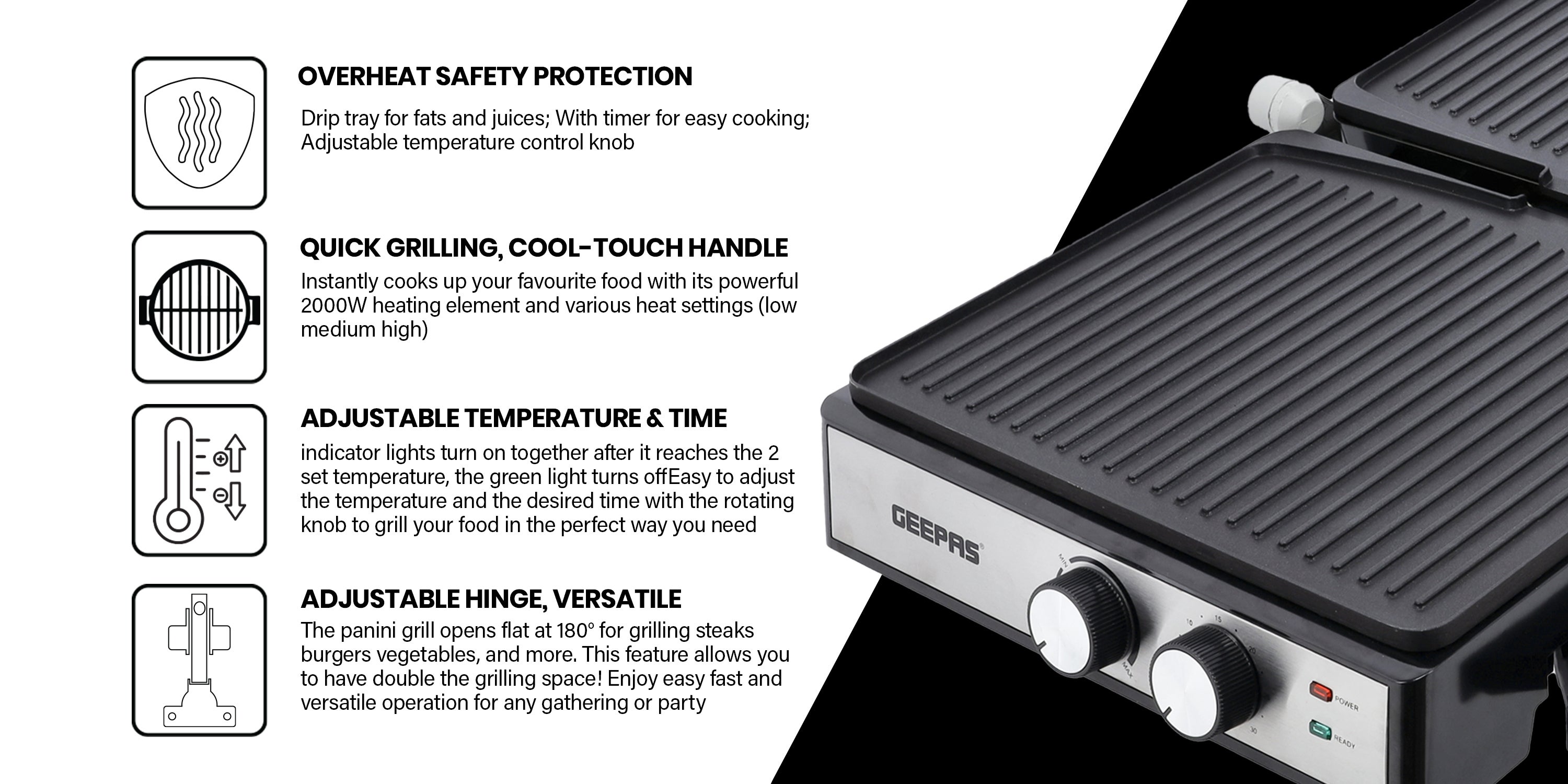 Stainless Steel Grill Maker, Panini Maker| Open Flat Up To 180 |  Timer & Temperature Control | Non-Stick Cooking Plate & Cool Touch Handle | Panini Press Grill 2000 W GGM36539 Silver/Black