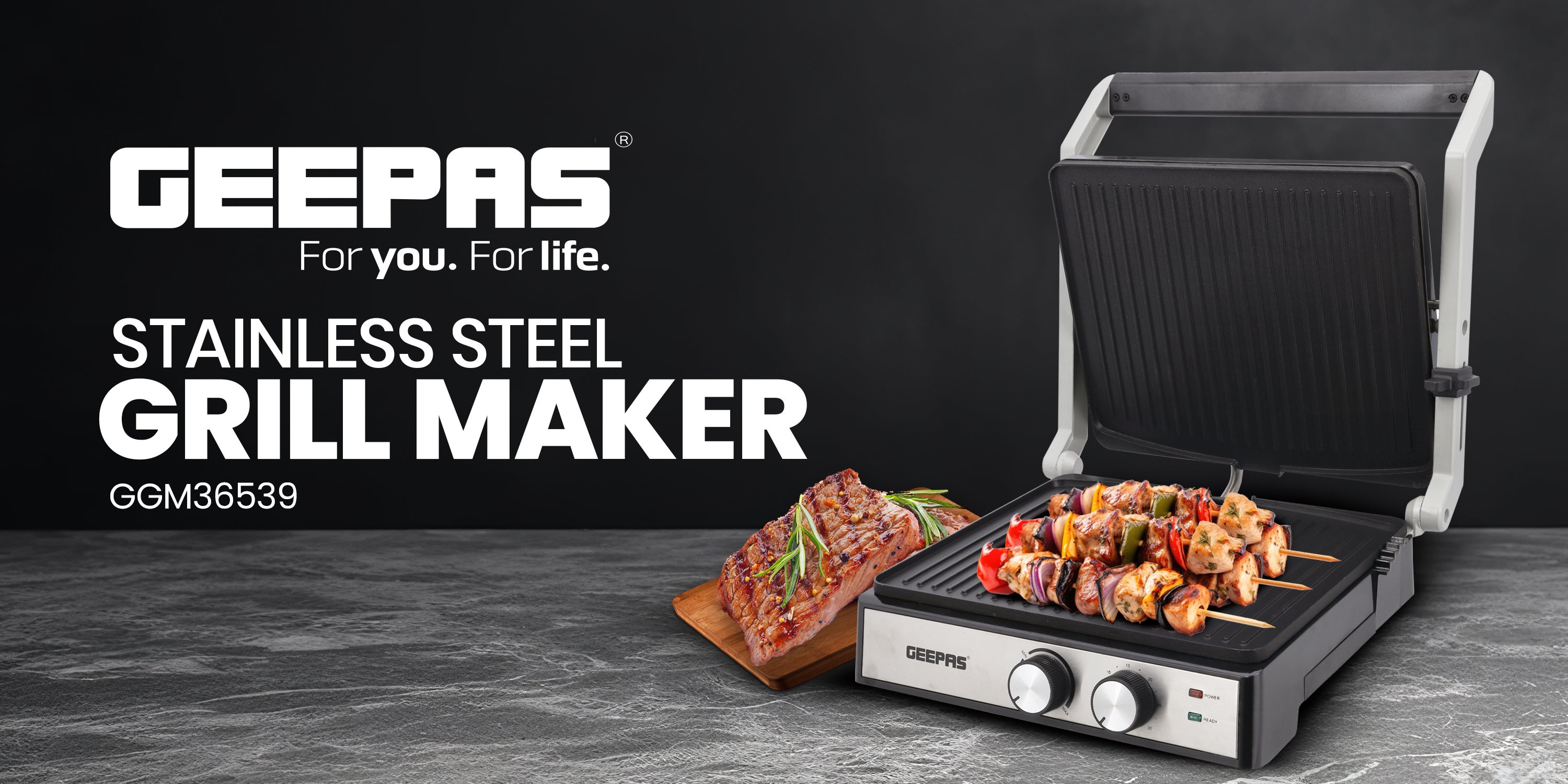 Stainless Steel Grill Maker, Panini Maker| Open Flat Up To 180 |  Timer & Temperature Control | Non-Stick Cooking Plate & Cool Touch Handle | Panini Press Grill 2000 W GGM36539 Silver/Black