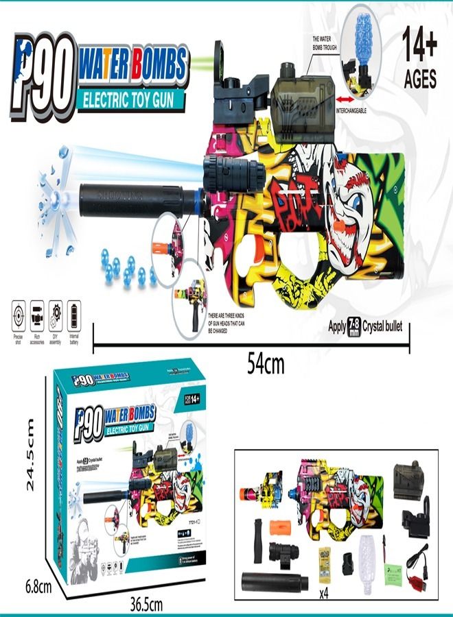 P90 Shape Graffiti Edition Assault Rifle Electric Automatic Hydrogel Balls Blaster Water Pallet Gun Gel Balls Gun Scope and Silencer for Outdoor Activity