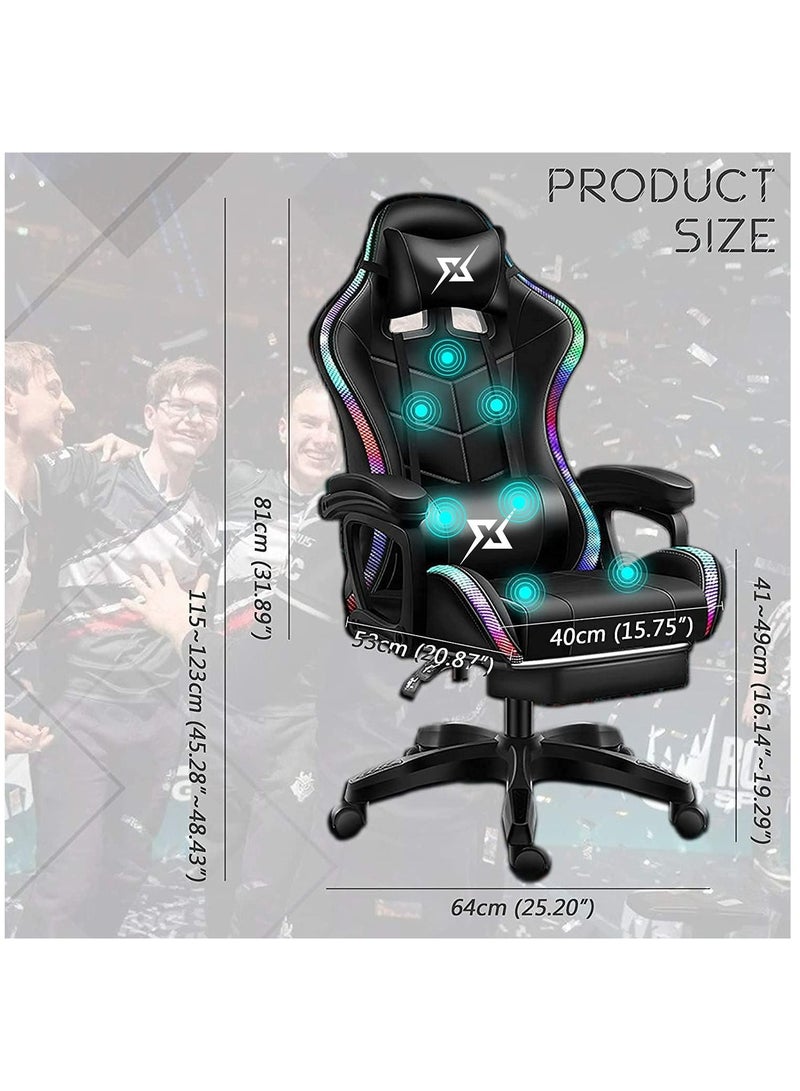 Gaming Chair LED Light Racing Chair Ergonomic Office Massage Chair Lumbar Support and Adjustable Back Bench Bluetooth Speaker