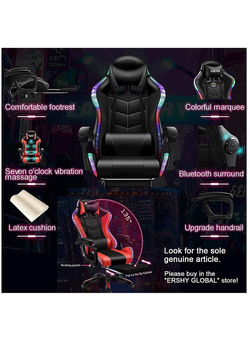 Gaming Chair LED Light Racing Chair Ergonomic Office Massage Chair Lumbar Support and Adjustable Back Bench Bluetooth Speaker