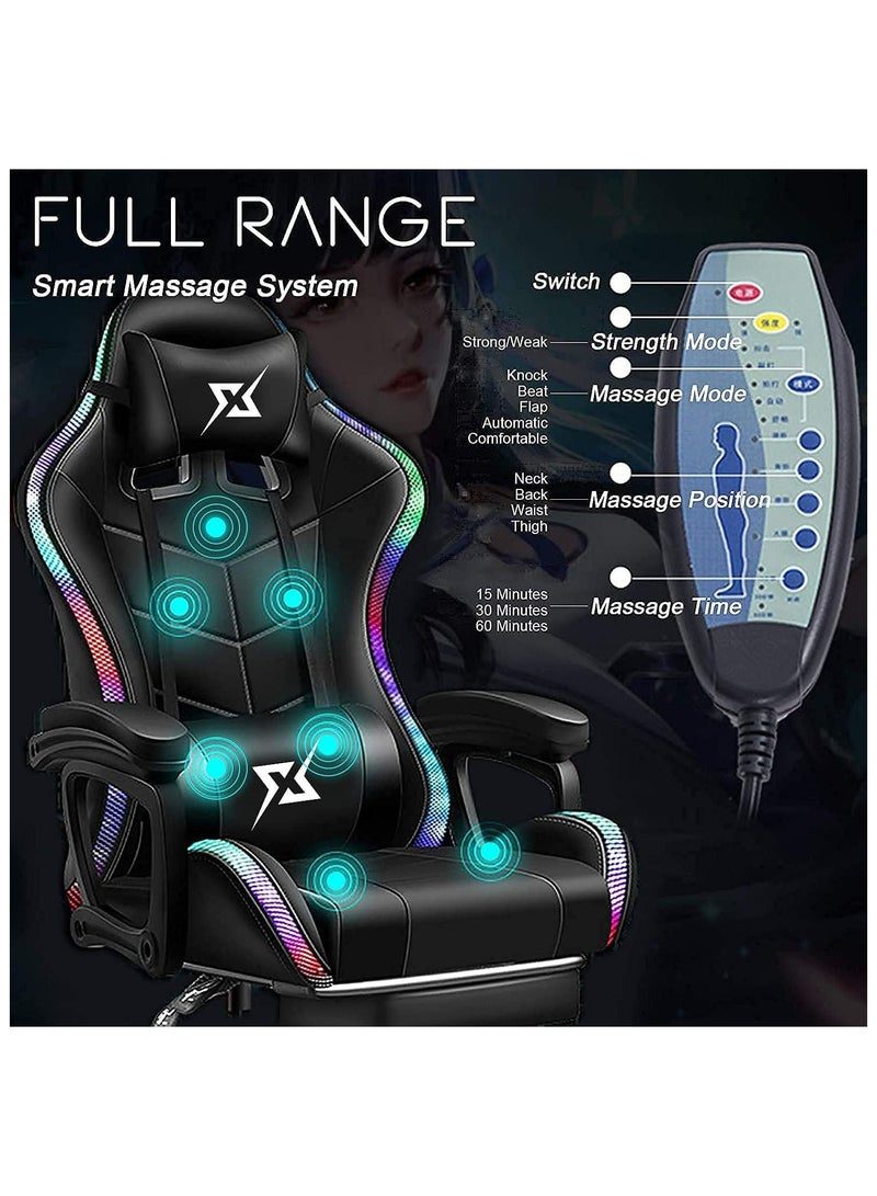 Gaming Chair LED Light Racing Chair Ergonomic Office Massage Chair Lumbar Support and Adjustable Back Bench Bluetooth Speaker