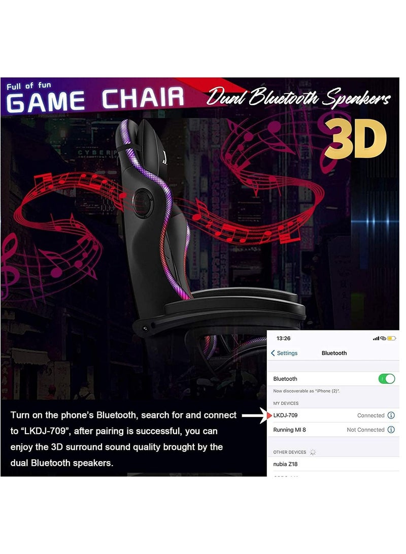 Gaming Chair LED Light Racing Chair Ergonomic Office Massage Chair Lumbar Support and Adjustable Back Bench Bluetooth Speaker