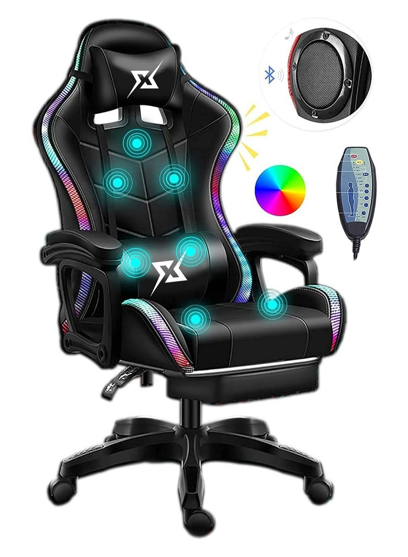 Gaming Chair LED Light Racing Chair Ergonomic Office Massage Chair Lumbar Support and Adjustable Back Bench Bluetooth Speaker