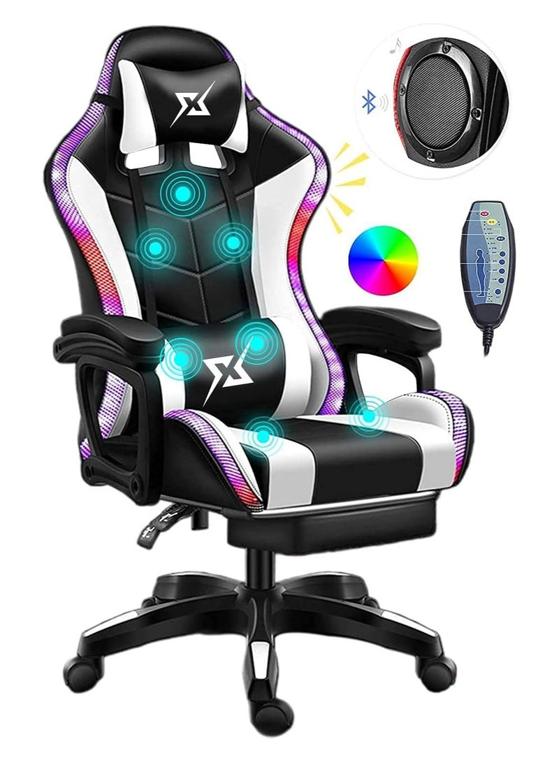 Gaming Chair LED Light Racing Chair Ergonomic Office Massage Chair Stool with Lumbar Support and Adjustable Backrest Bluetooth Speaker