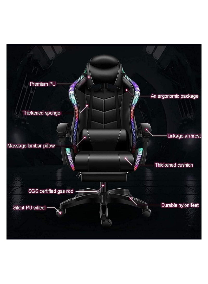 Gaming Chair LED Light Racing Chair Ergonomic Office Massage Chair Stool with Lumbar Support and Adjustable Backrest Bluetooth Speaker