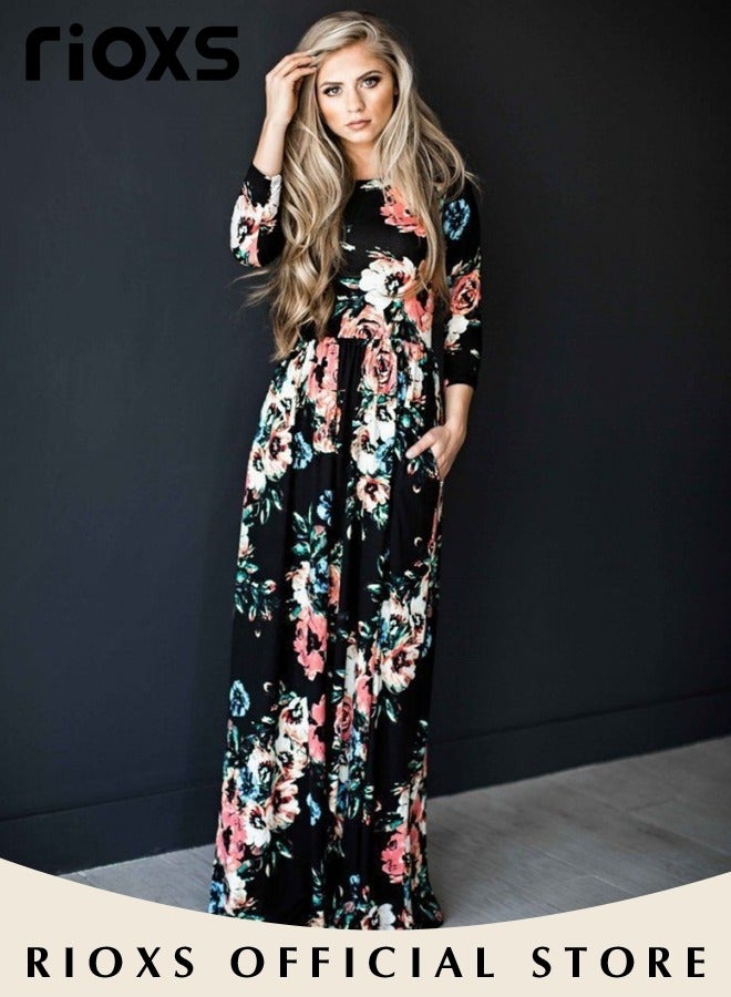 Women Casual Loose Maxi Dress Long Sleeve Floral Printed Long Dress With Pockets