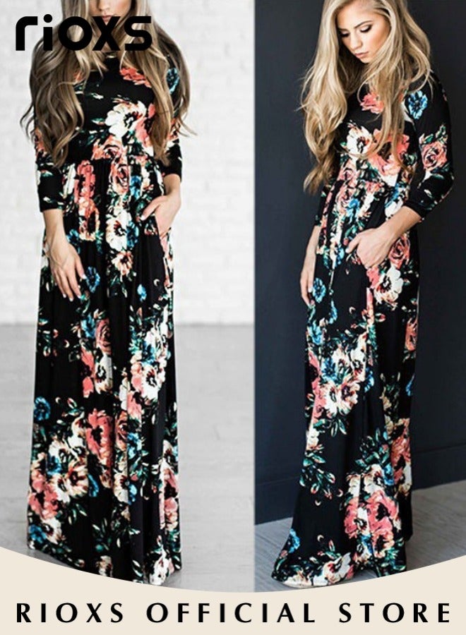 Women Casual Loose Maxi Dress Long Sleeve Floral Printed Long Dress With Pockets