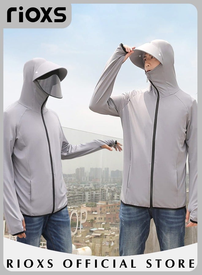 Men's Upf 50+ Uv Sun Protection Ice Silk Clothing Long Sleeve Athletic Shirts Breathable Hoodie Zip Up Outdoor Jacket With Detachable Lens