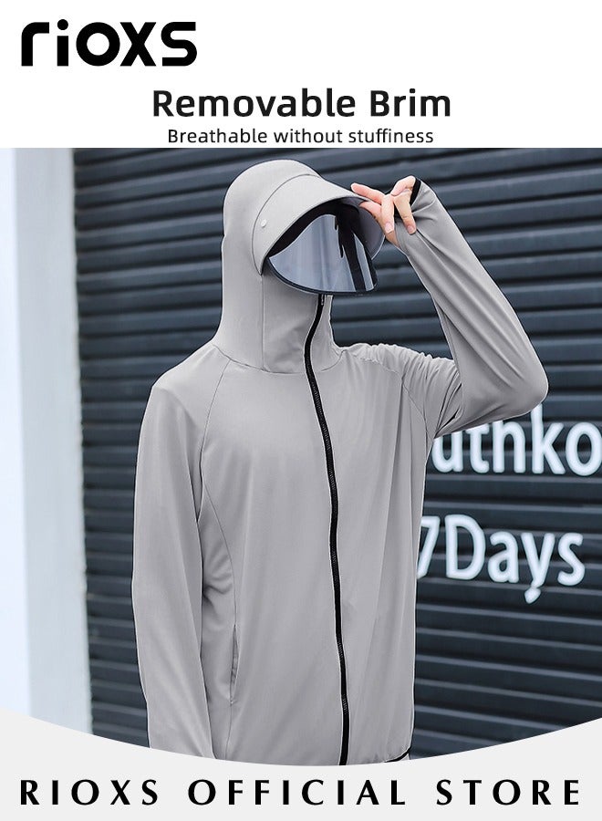 Men's Upf 50+ Uv Sun Protection Ice Silk Clothing Long Sleeve Athletic Shirts Breathable Hoodie Zip Up Outdoor Jacket With Detachable Lens