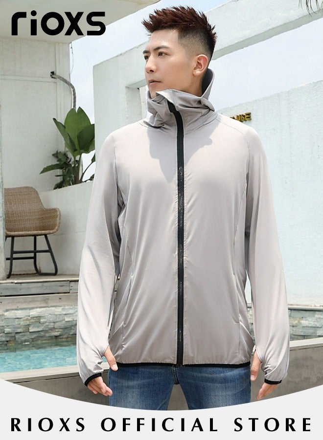 Men's Upf 50+ Uv Sun Protection Ice Silk Clothing Long Sleeve Athletic Shirts Breathable Hoodie Zip Up Outdoor Jacket With Detachable Lens