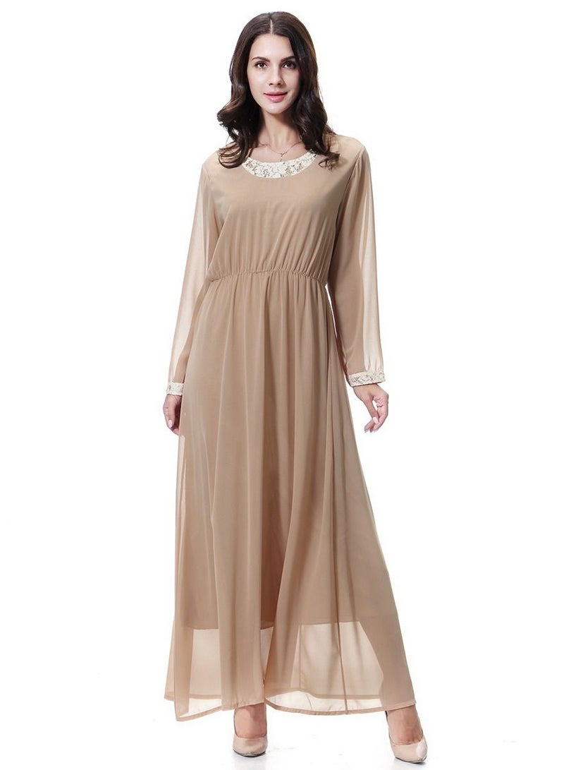 Women's  Long Sleeve Maxi Long Chiffon Dress Robe Camel