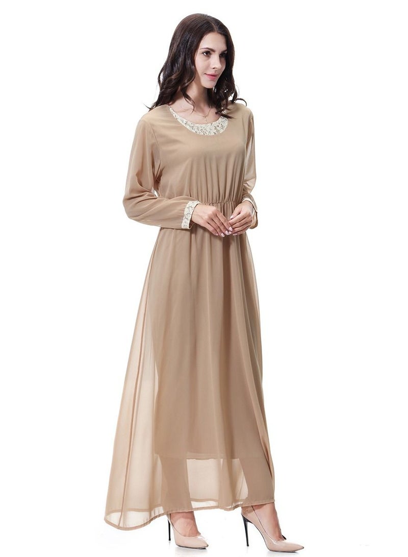 Women's  Long Sleeve Maxi Long Chiffon Dress Robe Camel