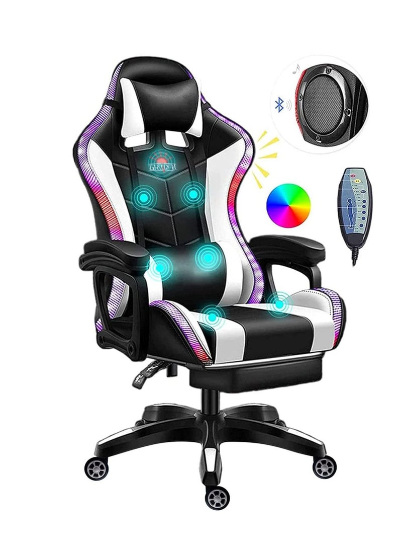 Gaming Chair LED Light Racing Chair,Ergonomic Office Massage Chair,Lumbar Support and Adjustable Back Bench, Bluetooth Speaker