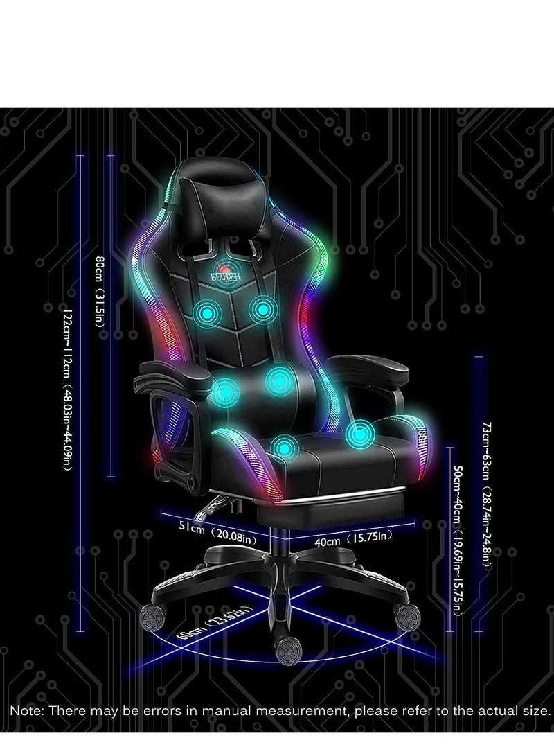 Gaming Chair with RGB LED Lights and Speakers, Massage Computer Chair Ergonomic Racing Office Chair PU Leather Recliner Swivel E-Sports Chair with Lumbar Support Headrest Armrest and footrest, Pink