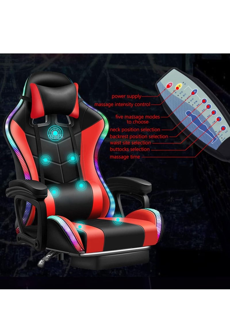 Gaming Chair with RGB LED Lights and Speakers, Massage Computer Chair Ergonomic Racing Office Chair PU Leather Recliner Swivel E-Sports Chair with Lumbar Support Headrest Armrest and footrest, Pink