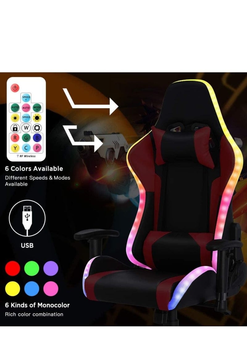 Gaming Chair with RGB LED Lights and Speakers, Massage Computer Chair Ergonomic Racing Office Chair PU Leather Recliner Swivel E-Sports Chair with Lumbar Support Headrest Armrest and footrest, Pink