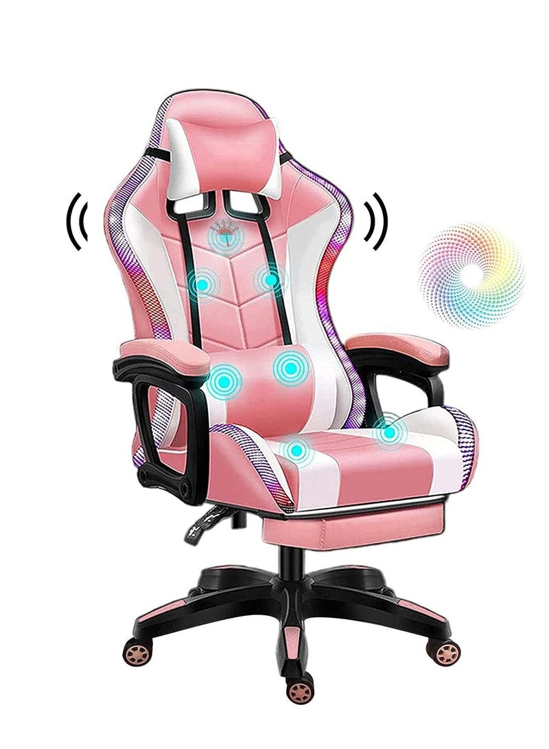 Gaming Chair with RGB LED Lights and Speakers, Massage Computer Chair Ergonomic Racing Office Chair PU Leather Recliner Swivel E-Sports Chair with Lumbar Support Headrest Armrest and footrest, Pink