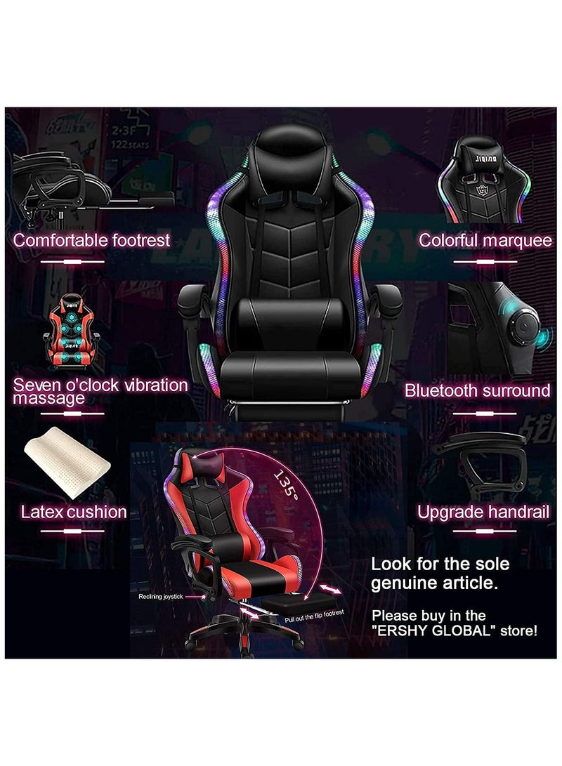 Gaming Chair LED Light Racing Chair Ergonomic Office Massage Chair Lumbar Support and Adjustable Back Bench Bluetooth Speaker