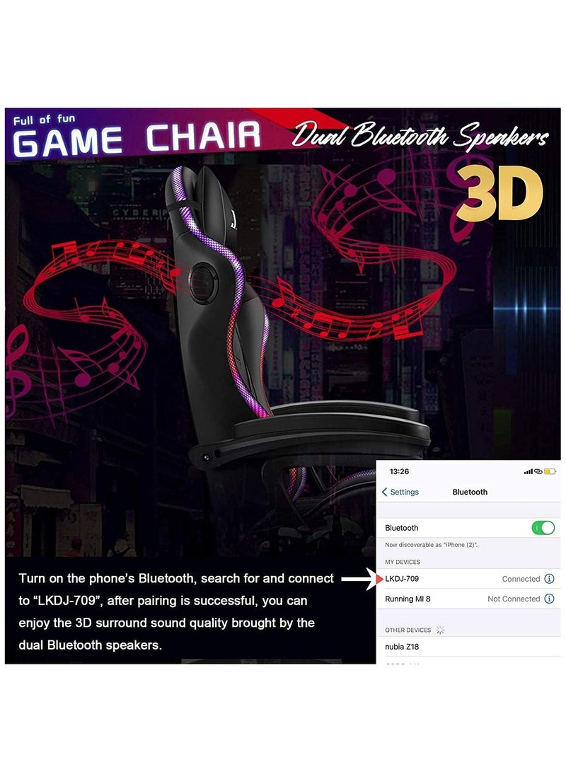 Gaming Chair LED Light Racing Chair Ergonomic Office Massage Chair Lumbar Support and Adjustable Back Bench Bluetooth Speaker