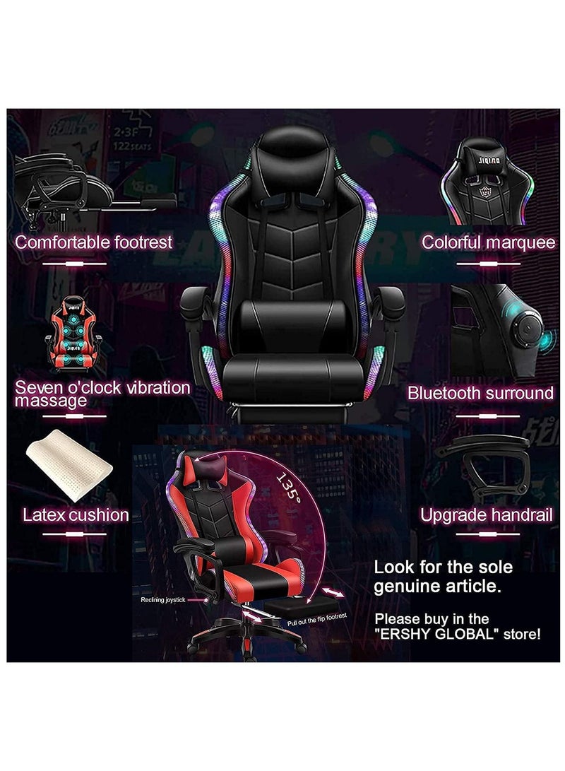 Gaming Chair LED Light Racing Chair Ergonomic Office Massage Chair Lumbar Support and Adjustable Back Bench Bluetooth Speaker