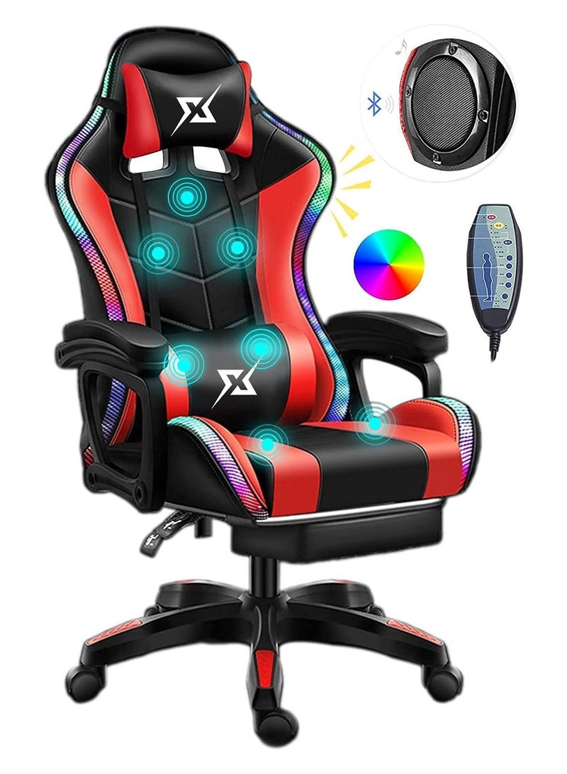 Gaming Chair LED Light Racing Chair Ergonomic Office Massage Chair Lumbar Support and Adjustable Back Bench Bluetooth Speaker