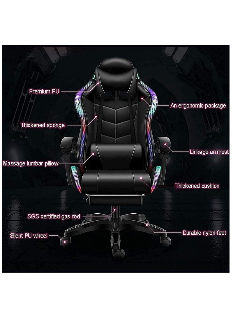 Gaming Chair LED Light Racing Chair Ergonomic Office Massage Chair Lumbar Support and Adjustable Back Bench Bluetooth Speaker