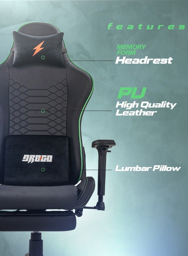 Drogo Gaming Chair Multi Purpose Ergonomic Racing Office Chair 7 Way Adjustable Seat 3D Armrest Head and Lumbar Support Pillow Home and Office with Full Reclining Back Footrest (Green)