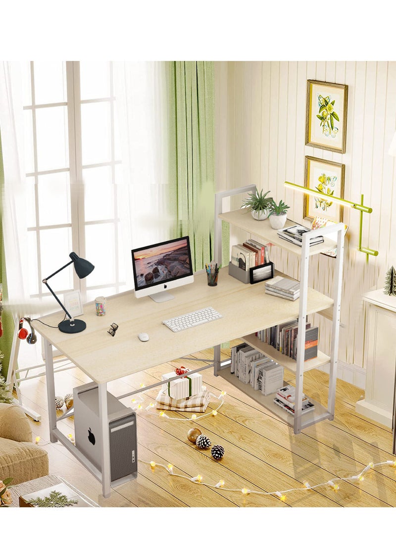 Computer Desk with 4-Tiers  with Bookshelf and Storage Shelves Space-Saving Rustic beige with Hutch Large Home Office Desk