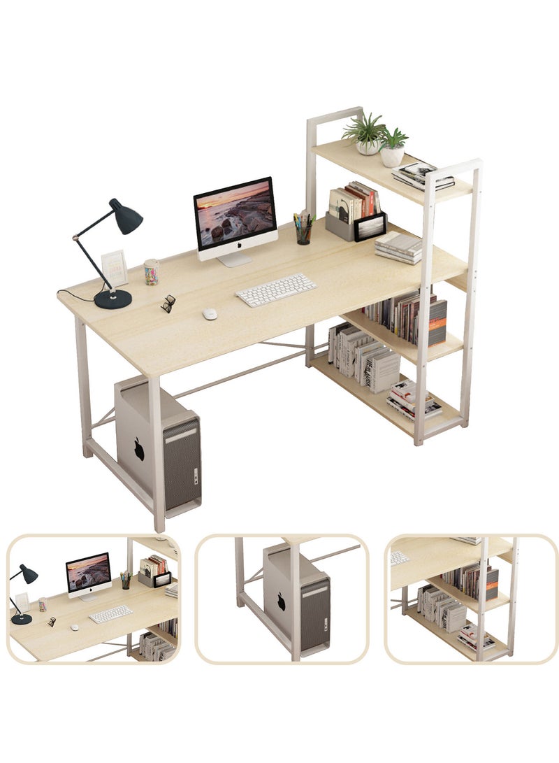 Computer Desk with 4-Tiers  with Bookshelf and Storage Shelves Space-Saving Rustic beige with Hutch Large Home Office Desk