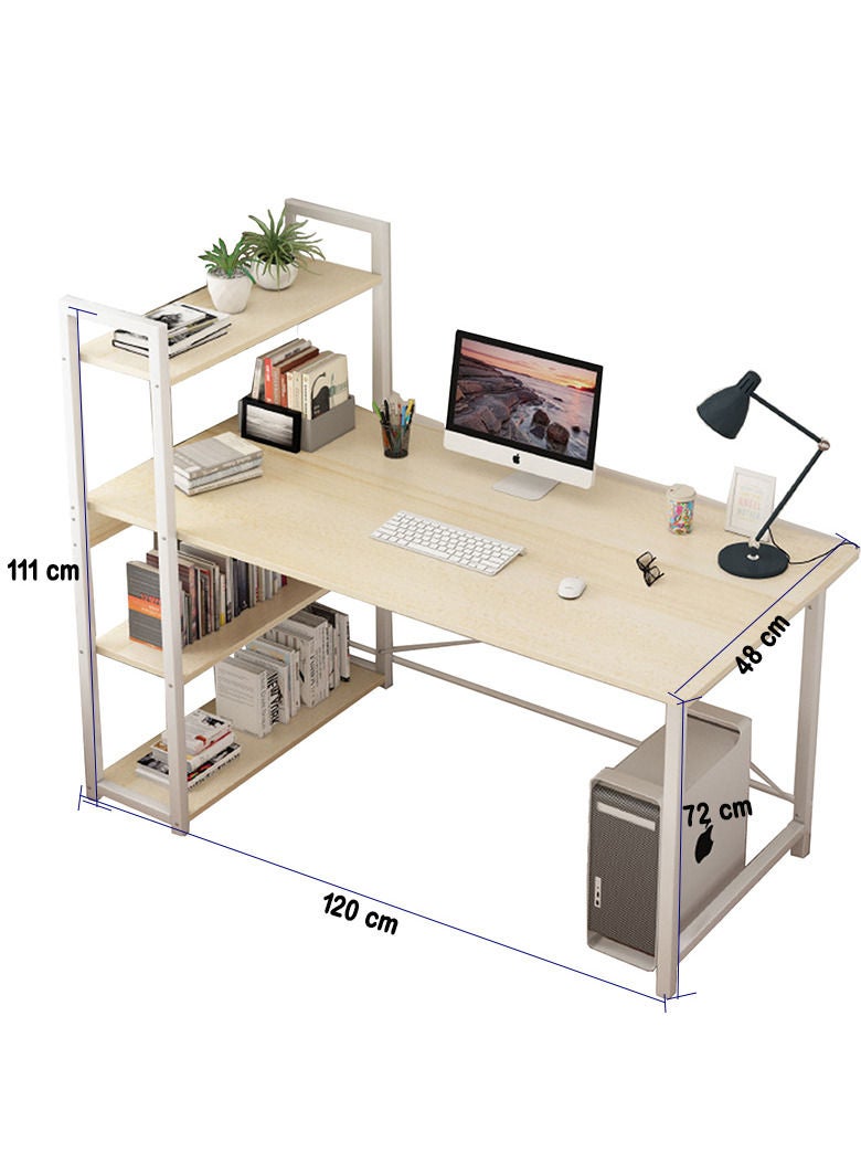 Computer Desk with 4-Tiers  with Bookshelf and Storage Shelves Space-Saving Rustic beige with Hutch Large Home Office Desk