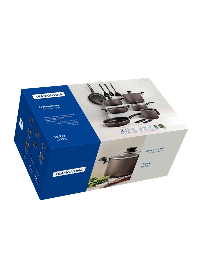 Since 1911,Made in Brazil- Paris 15 Pieces Lead Colored Aluminum Cookware Set with Interior and Exterior Starflon Max PFOA Free Nonstick Coating