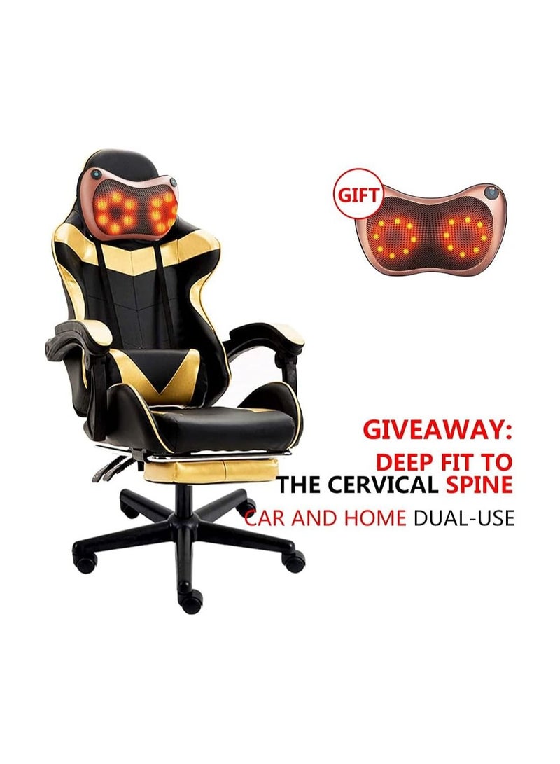 Gaming Chair Racing Style Office Chair Adjustable Massage Lumbar Cushion Swivel Rocker Recliner Leather High Back Ergonomic Computer Desk Chair with Retractable Arms and Footrest