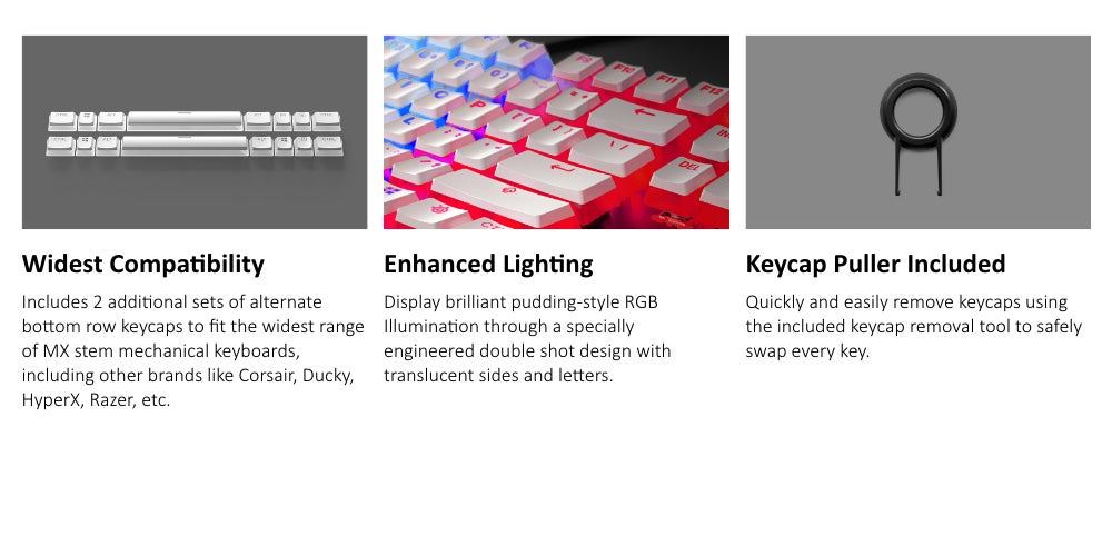PrismCAPS, Double Shot Pudding-Style Keycaps, Durable PBT Thermoplastic, Extreme Durability, US Layout, Compatible with Wide Range of Mechanical Keyboards, White