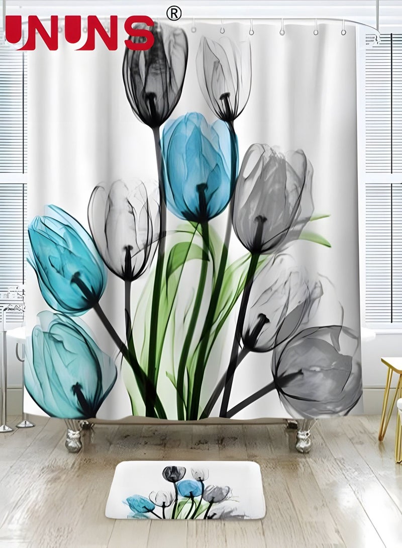 4PCS Printed Shower Curtain Set with Non-Slip Rugs,Toilet Lid Cover And Bath Mat,Durable Waterproof Flora Shower Curtain With 12 Hooks