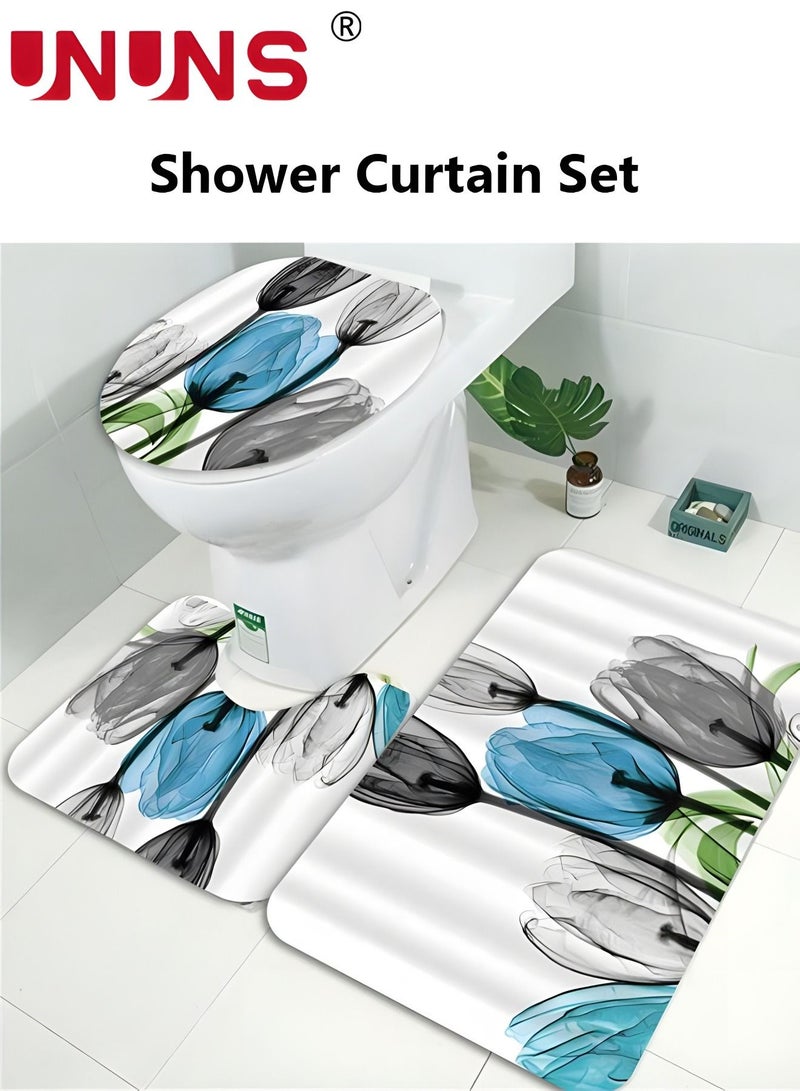 4PCS Printed Shower Curtain Set with Non-Slip Rugs,Toilet Lid Cover And Bath Mat,Durable Waterproof Flora Shower Curtain With 12 Hooks