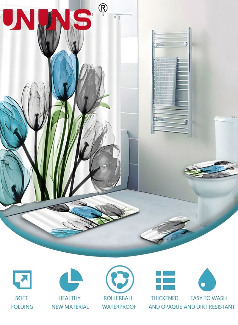 4PCS Printed Shower Curtain Set with Non-Slip Rugs,Toilet Lid Cover And Bath Mat,Durable Waterproof Flora Shower Curtain With 12 Hooks